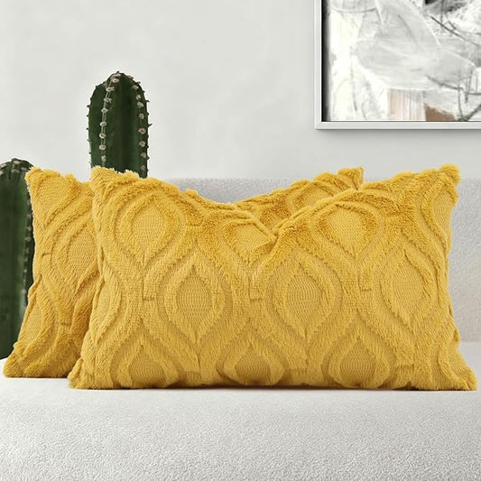 decorUhome Spring Throw Pillow Covers 12x20 Inch Set of 2, Soft Plush Faux Wool Mustard Yellow Solid Couch Pillow Covers, Accent Farmhouse Neutral Square Pillow Cases for Sofa Bed Living Room