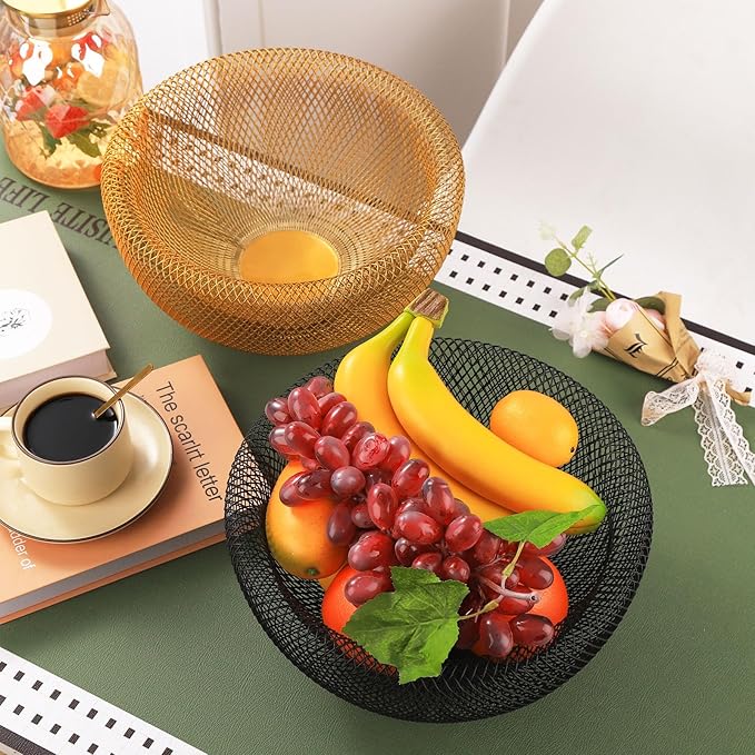 IBWell Metal Wire Woven Fruit Storage Bowl Basket for Kitchen, Large Black Mesh Fruit Stand, for Apple, Pineapple, Banana, Orange, Lemon, Pear, Strawberry, Watermelon (Black, Nomal)