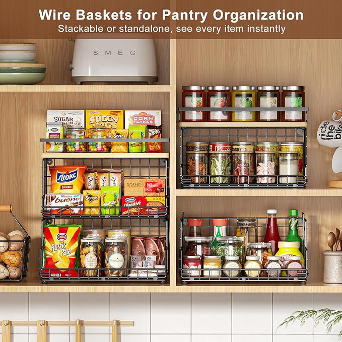 X-cosrack 3-Tier Stackable Snack Organizer with Pine Wood Top-Trapezoid Metal Wire Basket, Countertop & Wall Mounted Snack Holder for Kitchen Pantry Cabinet, Muti-functional Food Fruit Stoarge, Black
