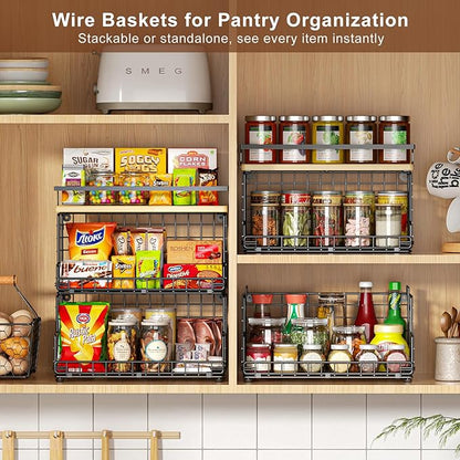 X-cosrack 3-Tier Stackable Snack Organizer with Pine Wood Top-Trapezoid Metal Wire Basket, Countertop & Wall Mounted Snack Holder for Kitchen Pantry Cabinet, Muti-functional Food Fruit Stoarge, Black