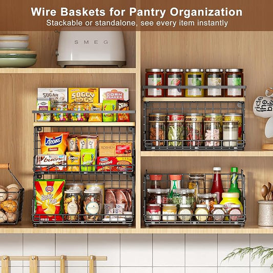 X-cosrack 3-Tier Stackable Snack Organizer with Pine Wood Top-Trapezoid Metal Wire Basket, Countertop & Wall Mounted Snack Holder for Kitchen Pantry Cabinet, Muti-functional Food Fruit Stoarge, Black