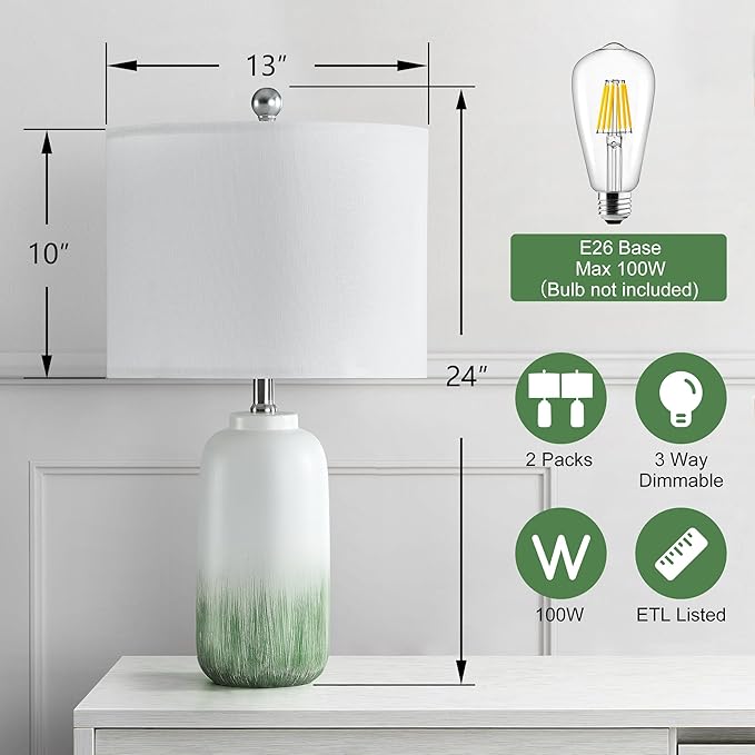 24" Green Table Lamps Set of 2 - Modern Ceramic Bedside Lamps for Night Stands, 3 Way Dimmable Green End Table Lamps for Living Room Bedroom