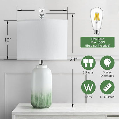 24" Green Table Lamps Set of 2 - Modern Ceramic Bedside Lamps for Night Stands, 3 Way Dimmable Green End Table Lamps for Living Room Bedroom