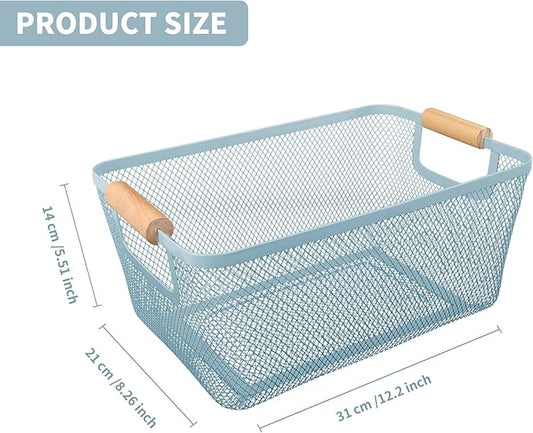 2Pack Metal Mesh Steel Basket with Bamboo Handle - Wire Metal Basket for Kitchen Organization, 12" Wide Food Organizer Bin, Perfect for Organizing Bulk Pantry (BLUE)