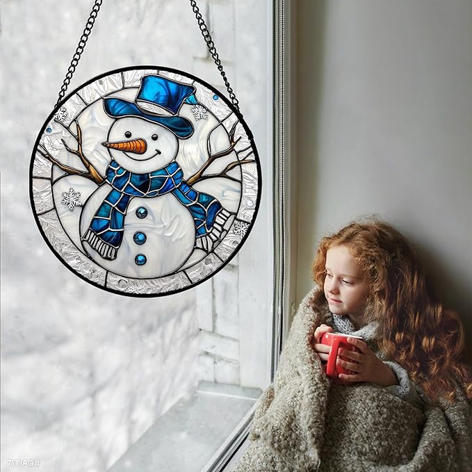 Stained Glass Window Hanging Christmas Snowman Blue White Large 15" - Suncatcher Door Garden Sun Catcher Home Decor Birthday Mother's Day Xmas Gift for Mom Men Woman Her Nana Parents Girl