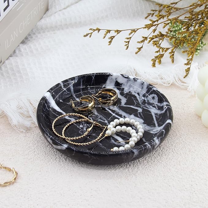 Small Natural Marble Jewelry Tray Key Plate Holder Dish Trinket Decor Catch All Bowl for Ring Earring Stone Gift for Women Daugther,Black