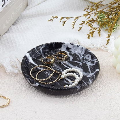 Small Natural Marble Jewelry Tray Key Plate Holder Dish Trinket Decor Catch All Bowl for Ring Earring Stone Gift for Women Daugther,Black