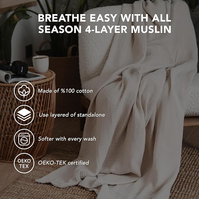 Goqan Throw Blanket 55x60 – 100% Turkish Cotton 4 Layer Boho Muslin Blanket for Adults, Four Season Blanket Lightweight and Thin, Soft, Breathable for Bed, Couch, Picnic - Beige