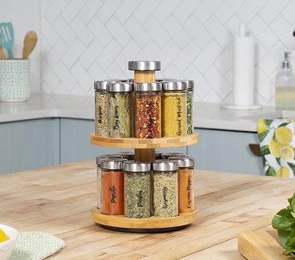 Orii 16 Jar Spice Rack with Spices Included - Rotating Countertop 2 Tier Tower Organizer for Kitchen Spices and Seasonings, (Bamboo Wood)