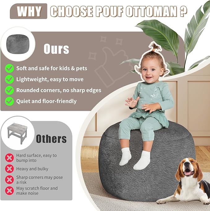 Round Stuffed Pouf Ottoman for Foot Rest, A Round Modern Foam Filled Poufs, Floor Chair for Living Room, Nursery, Dorm,Outdoor, A Soft Modern Foot Stool Perfect to Rest Your Feet (Grey, 20Inch)