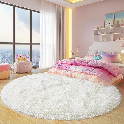 Round Fluffy Rugs 7Ft for Girls Bedroom, Cream White Shag Circle Kids Rug Non-Slip for Bedside Dorm Nursery Playroom, Soft Cute Area Rugs for Living Room Decor
