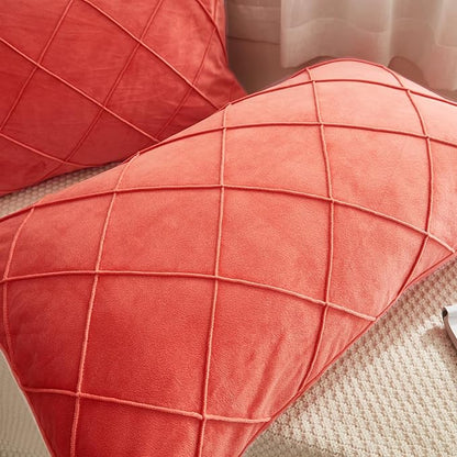 JAUXIO Diamond Pinch Pleated Crystal Velvet Pillowcases 2 Pack Solid Pintuck Throw Cushion Cover for Home Decor Hidden Zipper Closure (Coral Orange, Standard)