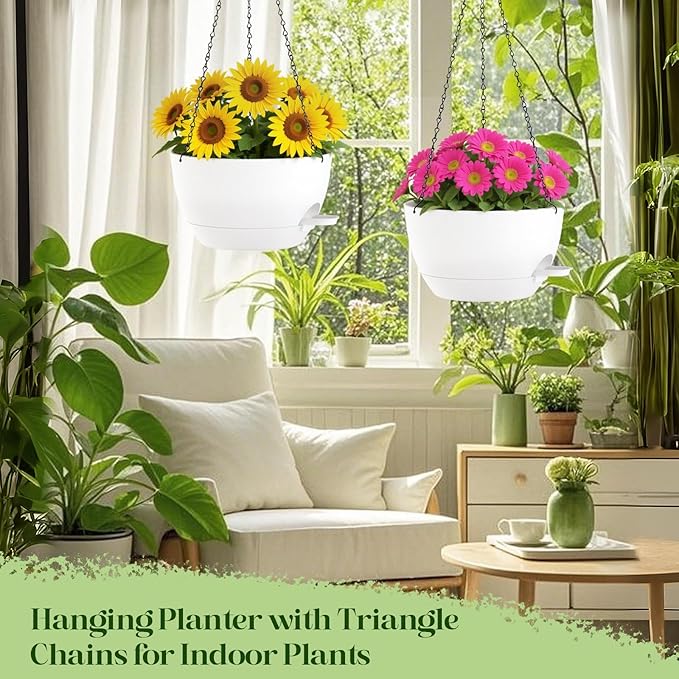 10 inch white plastic planter 10 Inch Hanging Planters with Chains 2 Pack Self Watering White Plasti – FitFlow