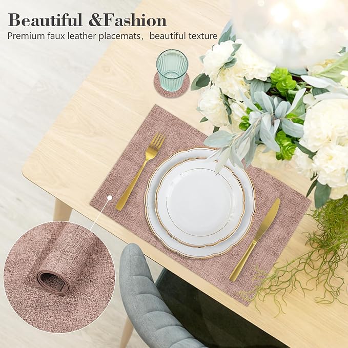 Faux Leather Placemats Set of 6,Heat Resistant Placemats for Dining Table, Easy Clean Non-Slip Place Mats, Waterproof Stain Resistant Wipeable Washable PU Table Mats, (Pink)