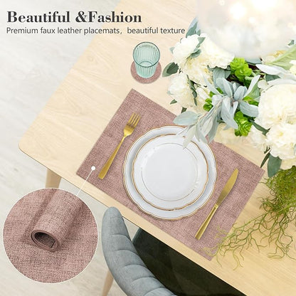 Faux Leather Placemats Set of 6,Heat Resistant Placemats for Dining Table, Easy Clean Non-Slip Place Mats, Waterproof Stain Resistant Wipeable Washable PU Table Mats, (Pink)