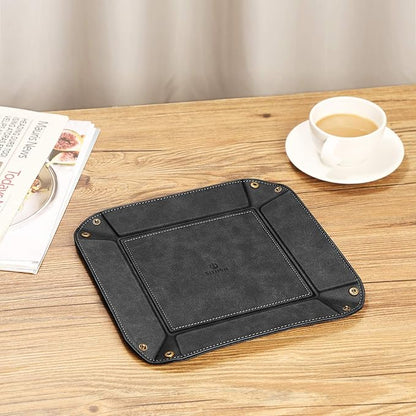 SITHON Valet Tray Desktop Storage Organizer – Premium PU Leather Catchall Bedside Vanity Tray Nightstand Caddy Holder for Remote Controller, Keys, Phone, Wallet, Coin, Jewelry, Black