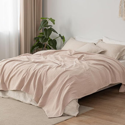 PHF 100% Cotton Muslin Blanket Queen Size 90"x90", 4-Layer Lightweight Gauze Throw, Breathable Cloud-Soft Minimalist Blanket for Bed, Couch, Camping & Baby, Dusty Pink, Ideal Gift