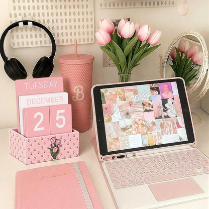 Pink Tulip Wood Block Perpetual Calendar Coquettish Desk Decor Cute Month Week Date Display Decorative Block Calendar for Women Office Home Desk Gift for Women