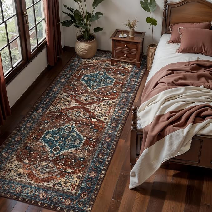 Tangsoo 2.6x10 Washable Hallway Runner Rug, Non Slip Vintage Runner Rug for Hallways, Soft Low Pile Long Rug Runner, Print Distressed Carpet Runners for Kitchen Bedroom Entryway Living Room