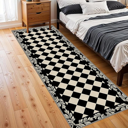 Modern Black White Checkered Pattern Runner Rug, 3.3x7ft, Abstract Neutral Farmhouse Decor Rugs for Living Room, Non-Shedding Low Pile Soft Foldable Carpet for Family Kitchen