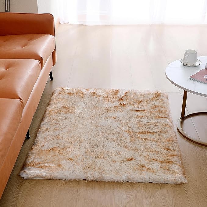 Faux Fur Rug Sheepskin Shag Fluffy Fuzzy 3x4 ft Rugs for Bedroom Bedside Bed Floor Living Room Plush Rectangle High-Density Cushion Carpet Super Sofa Cover White and Yellow