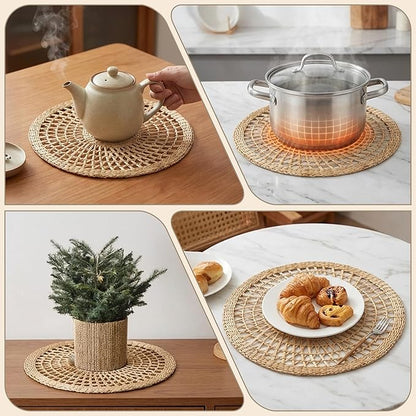 15" Round Seagrass Placemats – Set of 10 | Boho Rattan Woven Table Mats, Farmhouse Plate Chargers for Spring, Weddings, Parties & Christmas Décor | Natural Water Hyacinth & Corn Husk Style