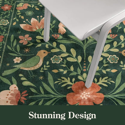 Moynesa 3x5 Kitchen Rug, Modern Cottage Washable Non-Slip Low Pile Area Rug for Bedroom Entryway Entrance Aesthetic,Lightweight Foldable Farmhouse Floral Bird Print Pattern Carpet Retro Home Decor