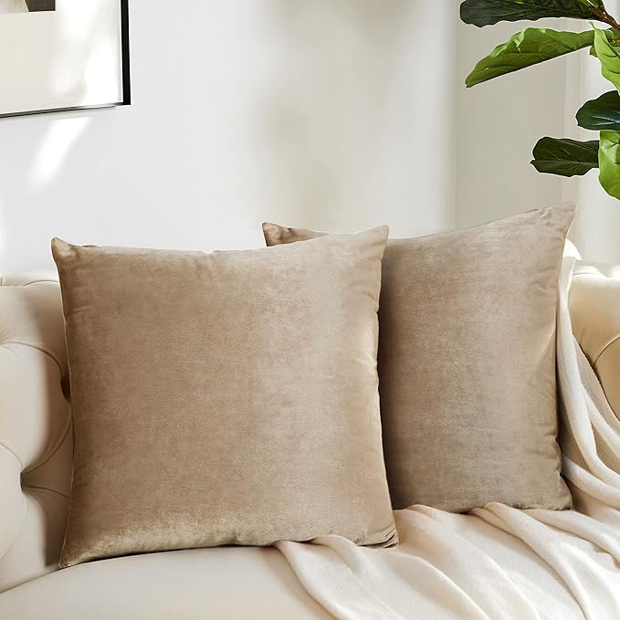 GIGIZAZA Decorative Throw Pillow Covers 24x24,Set of 2 Taupe Couch Pillow Covers,Velvet Pillow Square Cushion Covers