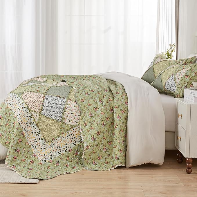 VIVILINEN Full Queen Size Green Patchwork Quilt Set Reversible Quilted Bedspread Coverlet Set 3-Piece Floral Lightweight Comforter Stitched Bedding Set Bed Sheet Set Cover Blanket with 2 Pillow Shams