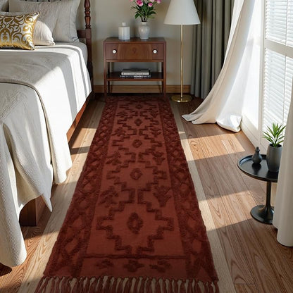 Uphome Boho Runners for Hallways 2.6' x 10', Washable Farmhouse Entryway Runner Rug, Cotton Tufted Bedroom Runner Rugs, Bohemian Tribal Aesthetic Rug for Kitchen Doorway Bathroom, Terracotta