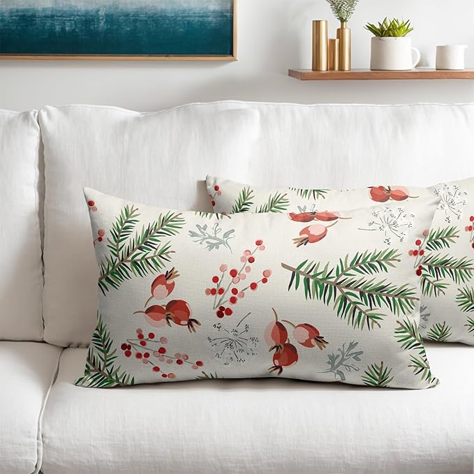 Beige Christmas Lumbar Pillow Covers 12x20 Set of 2 Green Red Xmas Twigs Rustic Decorative Outdoor Farmhouse Zipper Pillowcases Decorations Winter Holiday Throw Cushion Cover Decor for Couch Sofa Bed