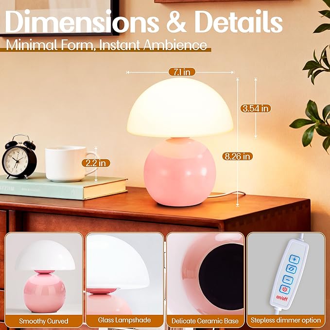 Cute Small Mushroom Lamp Decor,USB-Plug in Bedside Table Lamps with 3-Temperature LED Bulb Dimmable,Modern Aesthetic Home Decor for Livingroom/Bedroom/Dorm/Nursery (Pink with Plug)