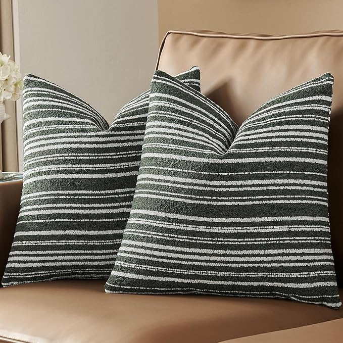 AmHoo Pack of 2 Textured Boucle Throw Pillow Covers Accent Striped Cozy Soft Decorative Couch Cushion Case for Chair Sofa Bedroom Living Room Home Decor 20 x 20-Inch Black Forest