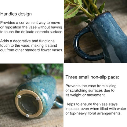 Ceramic Vase Set of 2, Blue Glazed Small Pottery Vases with Handles, Decorative Clay Vase Modern Farmhouse Decor, Centerpiece Dining Table Decorations Porcelain