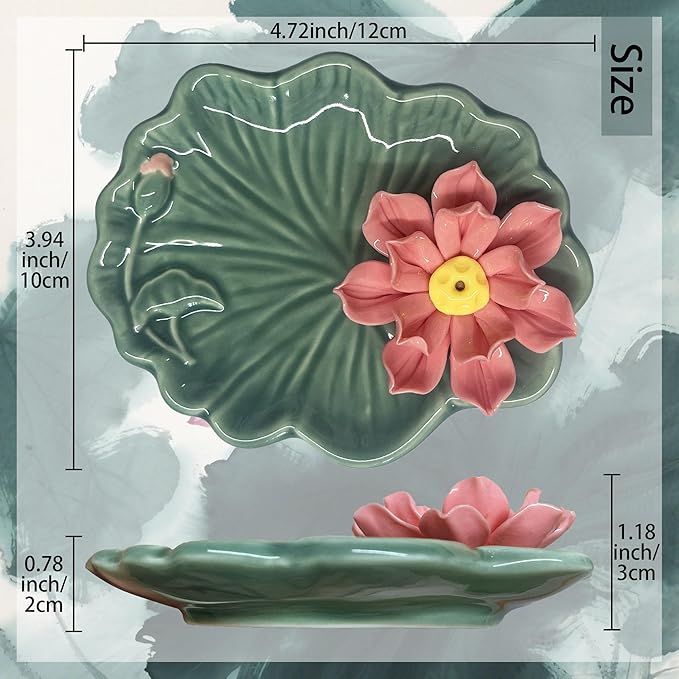 Lotus and Leaf Incense Stick Holder with Hole, Green Porcelain Incense Tray Ash Catcher for Spa, Meditation Room, Yoga, Home, Office, Ash Tray, Jewelry Tray