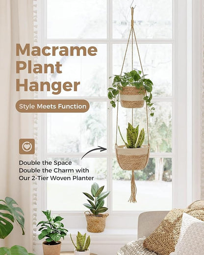 Leaf&lull Macrame Plant Hanger 2-Tier Window Plant Shelf for Indoor Outdoor Plants Rattan Wall Hanging Decorative Hanging Planters for Boho Decor, Wall Decor and Home Decor
