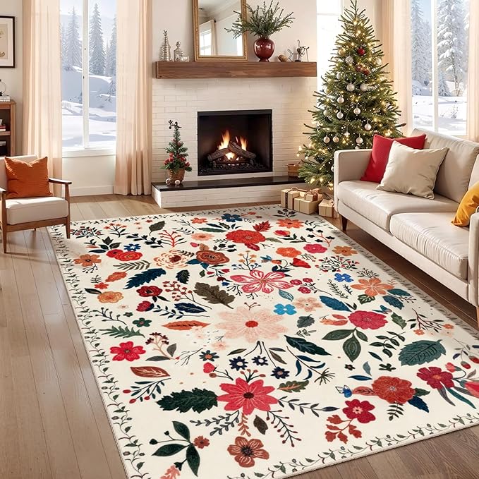 Tangsoo 5x7 Area Rug for Living Room Bedroom, Non Slip Machine Washable Boho Floral Rug, Low Pile Large Floor Carpet Indoor Mats for Kids Room, Farmhouse, Dining Room, Office(Beige/White)