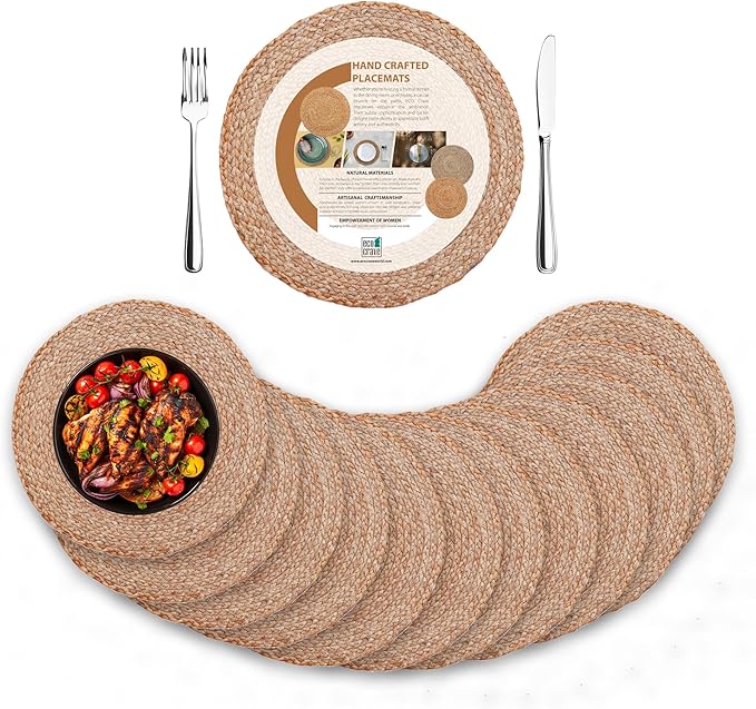 Eco Crave Jute Round Woven Placemats Set of 12, Natural 13 Inch Boho Farmhouse Rustic Hand Woven Place mat for Dining Table Decor, Wicker Chargers Heat Resistant Easy to Clean and Non-Slip Placemat