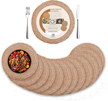 Eco Crave Jute Round Woven Placemats Set of 12, Natural 13 Inch Boho Farmhouse Rustic Hand Woven Place mat for Dining Table Decor, Wicker Chargers Heat Resistant Easy to Clean and Non-Slip Placemat
