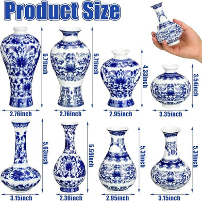 Dandat 8 Pcs Mini Chinoiserie Bud Vases Ceramic Blue and White Floral Chinese Porcelain Vase Set for Shelf Table Centerpieces Home Decor(Fresh)