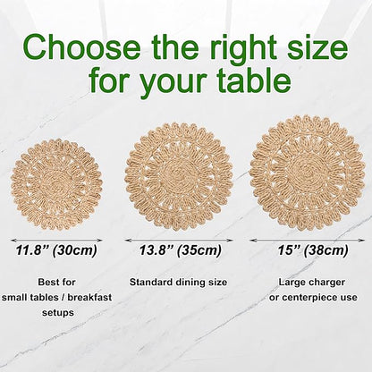 13.8" Round Corn Husk Placemats Set of 6 | Boho Rattan Woven Table Mats | Farmhouse Spring Plate Chargers Like Water Hyacinth, Seagrass for Wedding, Party, Christmas, Events
