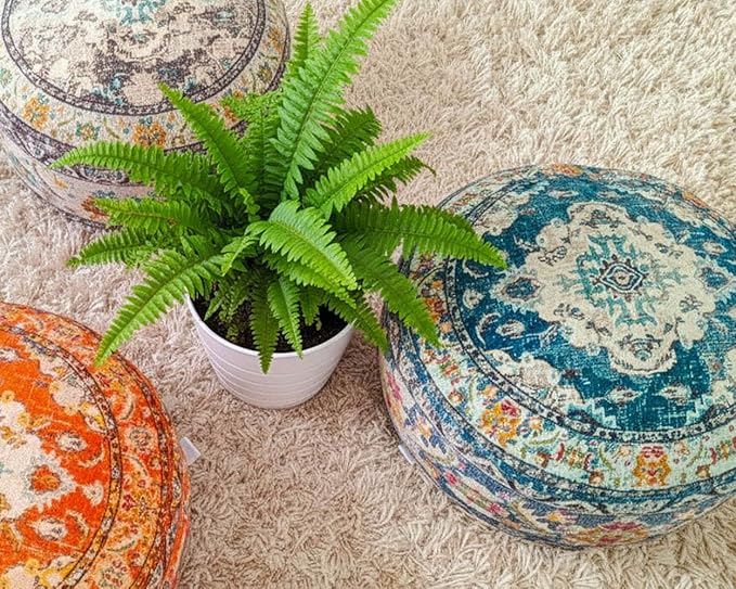 Moroccan Floor Pillow Cover Blue Round Floor Cushion Boho Room Décor Moroccan Seating Area Perfect Pouf Ottoman for Living Room, Bedroom, Nursary or Children Room Cotton 24x8 Unstuffed