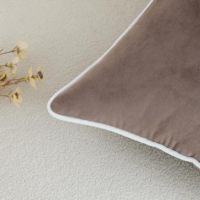 LIGICKY Set of 2 Light Brown Throw Pillow Covers Modern Minimalist Style Solid Decorative White Rope Edging Soft Square Cushion Cases for Sofa Bedroom Party Décor, 18 x 18 inch