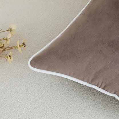 LIGICKY Set of 2 Light Brown Velvet Lumbar Pillow Covers Modern Minimalist Style Solid Decorative White Rope Edging Soft Rectangle Cushion Cases for Sofa Bedroom Party Décor, 12 x 20 inch
