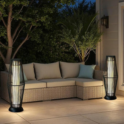 TRIROCKS Outdoor Floor Lamp 2 Piece Solar Powered Lantern Wicker Solar Patio Lamp with Olifen Rope Waterproof Rattan Outside Solar Deck Light for Patio Garden Lawn Yard (Black)