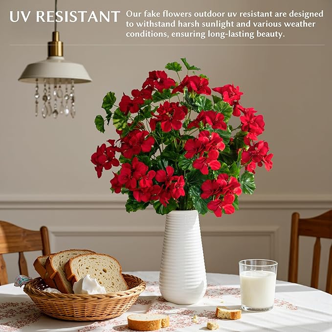 Artificial Flowers for Outdoors Artificial Geraniums for Indoor Fake Flowers 17.7In Uv Resistant Artificial Outdoor Flowers Suitable for Indoor Home Decoration Outdoor Garden Decor 4PCS,Red