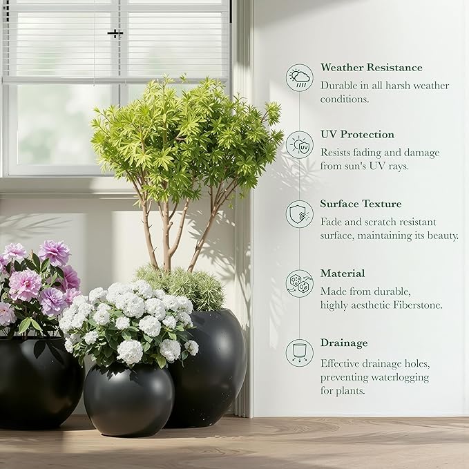 DTY Signature Mount Sherman Modern Indoor Outdoor Fiberstone Sphere Planter, Durable Round Garden Pot, Weather Resistant, Drainage Hole & Rubber Plug - Small, Black