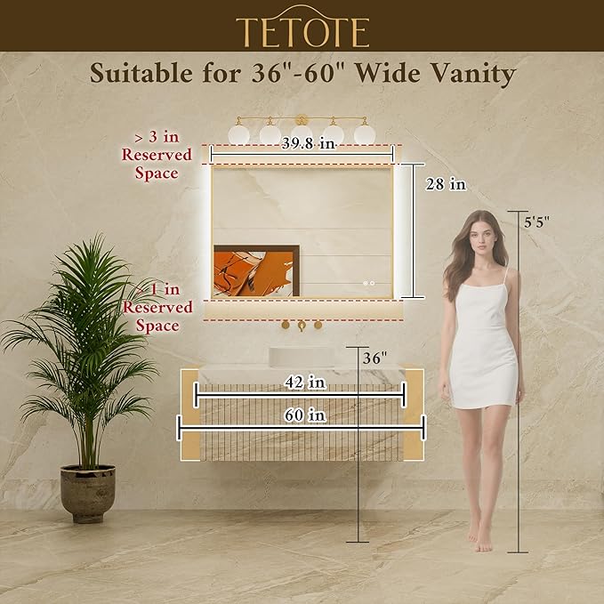 TETOTE 40 x 28 Backlit Mirror Brushed Nickel Metal Frame LED Light Vanity 3-Color White/Warm/Natural Stepless Dimmable Anti-Fog Backlight Mirror Wall-Mounted