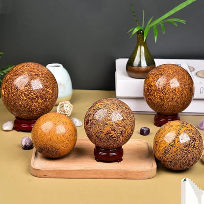 JIC Gem Golden Jade Quartz Crystal Ball Healing Crystal Gemstone Sphere with Decorative Wooden Stand for Meditation Gifts Decoration (80-90mm)