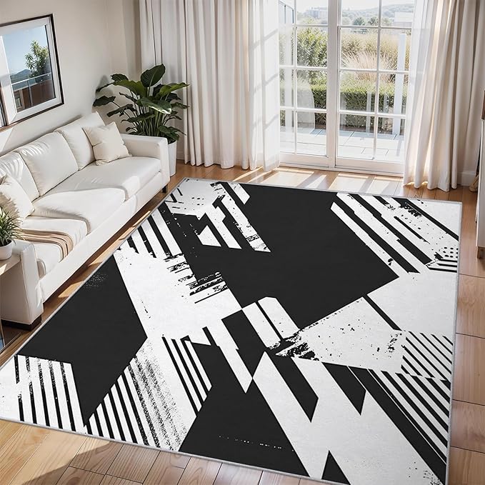 Black and White Rugs for Home Decor, 4x5 ft, Abstract Geometric Area Rugs for Living Room, Soft Non Slip Washable Modern Minimalist Carpet Bedroom Decorations Dt-Ghf-31